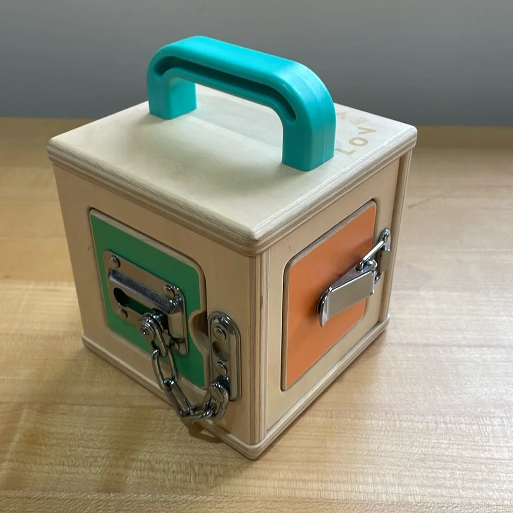 Wooden Lock Box Activity Cube with Teal Handle - Kids Puzzles & Games